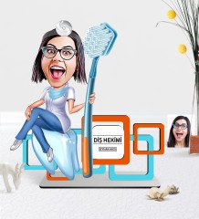 Kişiye Özel Bayan Diş Hekimi Karikatürlü 3D Ahşap Masa İsimliği - 3