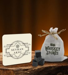 BK Gift Kişiye Özel Ahşap Bardak Altlığı ve 6âlı Granit Viski Taşı Hediye Seti - Model 1