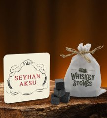 BK Gift Kişiye Özel Ahşap Bardak Altlığı ve 6âlı Granit Viski Taşı Hediye Seti - Model 4