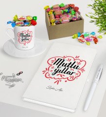 Kişiye Özel Yılbaşı Mutlu Yıllar Beyaz Defter Kalem Türk Kahvesi Fincanı ve Kutulu Haribo Şeker Hediye Seti-3