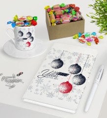 Kişiye Özel Yılbaşı Mutlu Yıllar Beyaz Defter Kalem Türk Kahvesi Fincanı ve Kutulu Haribo Şeker Hediye Seti-13