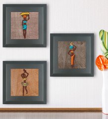 BK Gift African Woman Tasarımlı 3âlü Ahşap Çerçeveli Taş Duvar Dekoru-56