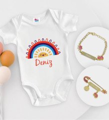 BK Kids Kişiye Özel İsimli Beyaz Bebek Body Zıbın Kız Bebek Künyesi ve İğnesi Hediye Seti-1