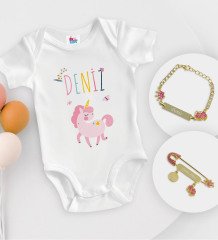 BK Kids Kişiye Özel İsimli Beyaz Bebek Body Zıbın Kız Bebek Künyesi ve İğnesi Hediye Seti-4