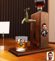 BK Gift Kabartmalı Karikatür Figürlü Musluklu Ahşap İçki Standı ve Viski Bardağı Hediye Seti