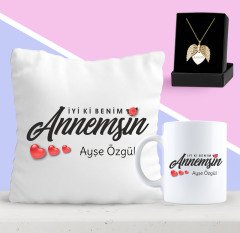 Kişiye Özel İyi Ki Benim Annemsin Tasarımlı Yastık Kupa ve Melek Kolye Seti-1