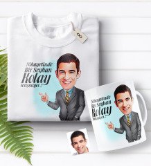 Kişiye Özel Bay Kolay Yetişmiyor Karikatürlü Beyaz Tişört ve Kupa Seti-2