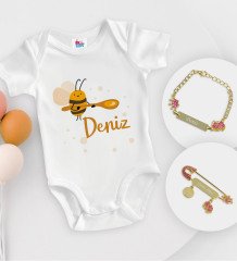BK Kids Kişiye Özel İsimli Beyaz Bebek Body Zıbın Kız Bebek Künyesi ve İğnesi Hediye Seti-35