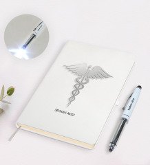 Kişiye Özel Tıp Sembolü Tasarımlı Defter Kalem ve Dokunmatik Işıklı Kalem Seti-1