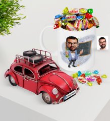 Kişiye Özel Erkek Kimya Öğretmeni Plakalı Nostaljik Kırmızı Metal Vosvos ve Kupa Haribo Şeker Seti-1