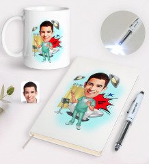 Kişiye Özel Erkek Cerrah Karikatürlü Defter Kupa ve Dokunmatik Işıklı Kalem Seti-1