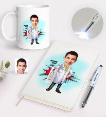 Kişiye Özel Erkek Göz Doktoru Karikatürlü Defter Kupa ve Dokunmatik Işıklı Kalem Seti-2
