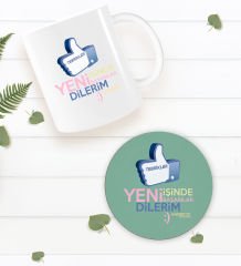 BK Gift Kişiye Özel Yeni İşinde Başarılar Dilerim Beyaz Kupa Bardak ve Yuvarlak Ahşap Bardak Altlığı Hediye Seti -3