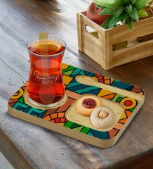 Kişiye Özel Doğal Ahşap Kaşıklı Sunum Tabağı ve Heybeli Çay Bardağı Hediye Seti - Model 7