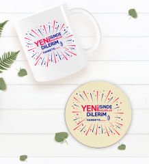 BK Gift Kişiye Özel Yeni İşinde Başarılar Dilerim Beyaz Kupa Bardak ve Yuvarlak Ahşap Bardak Altlığı Hediye Seti -6