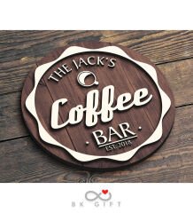 BK Gift Kişiye Özel Dekoratif Yuvarlak Ahşap Coffee Bar Tabelası 43cm - Model 4
