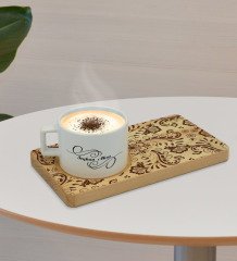 Kişiye Özel Retro Motif Tasarımlı Doğal Ahşap Tabaklı Seramik Fincan Sunum Seti  Model 3