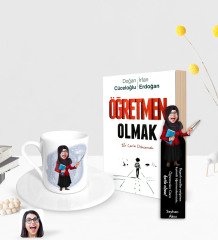 Kişiye Özel Tesettürlü Kadın Öğretmen Karikatürlü Türk Kahvesi Fincanı Ahşap Kitap Ayracı ve Öğretmen Olmak Kitabı Hediye Seti-3