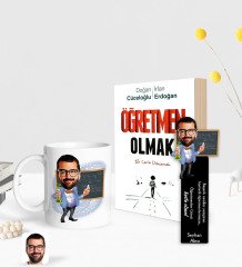 Kişiye Özel Erkek Kimya Öğretmeni Karikatürlü Beyaz Kupa Ahşap Kitap Ayracı ve Öğretmen Olmak Kitabı Hediye Seti-1