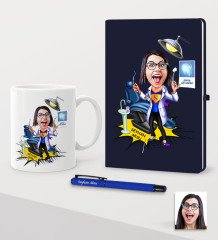 Kişiye Özel Bayan Diş Hekimi Karikatürlü Lacivert Defter Kalem Kupa Seti - 1