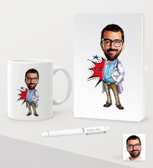 Kişiye Özel Bay Doktor Karikatürlü Beyaz Defter Kalem Kupa Seti - 3