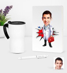 Kişiye Özel Bay Doktor Karikatürlü Beyaz Defter Kalem ve Termos Mug Seti - 4