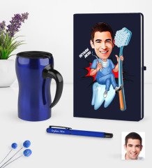 Kişiye Özel Bay Diş Hekimi Karikatürlü Lacivert Defter Kalem Termos Mug Seti - 2