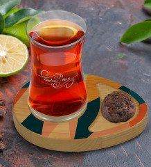 Kişiye Özel Modern Art Tasarımlı Doğal Ahşap Tabaklı Heybeli Çay Bardağı Sunum Seti Model 8