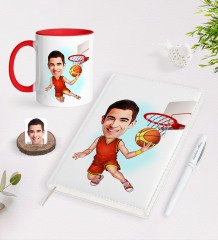BK Gift Kişiye Özel Erkek Basketbolcu Karikatürlü 2023 Ajanda Kalem ve Kırmızı Kupa Seti-1