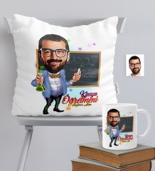 Kişiye Özel Bay Kimya Öğretmeni Temalı Karikatürlü Yastık Kupa Seti - 1