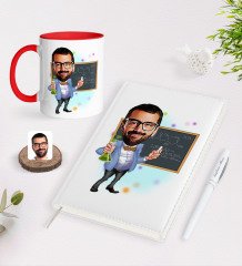 BK Gift Kişiye Özel Erkek Kimya Öğretmeni Karikatürlü 2023 Ajanda Kalem ve Kırmızı Kupa Seti-1