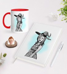 BK Gift Kişiye Özel Kadın Cadılar Bayramı Karikatürlü 2023 Ajanda Kalem ve Kırmızı Kupa Seti-1