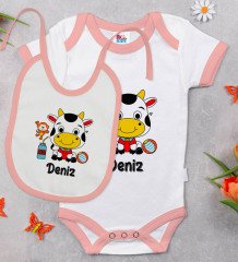 BK Kids Kişiye Özel İsimli Pembe Bebek Body Zıbın ve Mama Önlüğü Hediye Seti-31