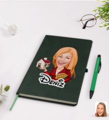 Kişiye Özel Kadın Emlakçı Karikatürlü Yeşil Termo Deri Defter Kalem Seti Model 2