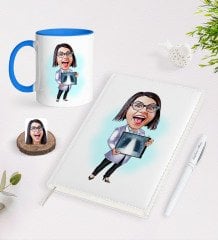 BK Gift Kişiye Özel Kadın Radyolojist Karikatürlü 2023 Ajanda Kalem ve Mavi Kupa Seti-1