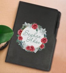 BK Gift Kişiye Özel Çiçek Tasarımlı Siyah Termo Deri Not Defteri 15x21cm-8