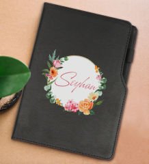 BK Gift Kişiye Özel Çiçek Tasarımlı Siyah Termo Deri Not Defteri 15x21cm-10