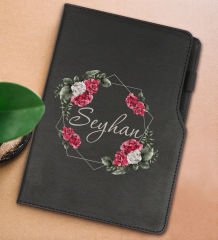 BK Gift Kişiye Özel Çiçek Tasarımlı Siyah Termo Deri Not Defteri 15x21cm-15