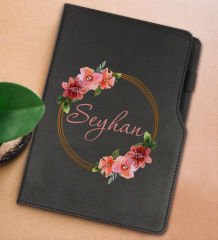 BK Gift Kişiye Özel Çiçek Tasarımlı Siyah Termo Deri Not Defteri 15x21cm-18