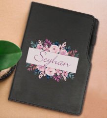 BK Gift Kişiye Özel Çiçek Tasarımlı Siyah Termo Deri Not Defteri 15x21cm-22