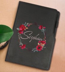 BK Gift Kişiye Özel Çiçek Tasarımlı Siyah Termo Deri Not Defteri 15x21cm-27