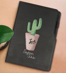 BK Gift Kişiye Özel Kaktüs Tasarımlı Siyah Termo Deri Not Defteri 15x21cm-5