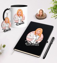 Kişiye Özel Kadın Aşçı Karikatürlü Siyah Defter Kalem Kupa ve Anahtarlık Hediye Seti-3