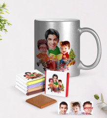 Kişiye Özel Yeni Yıl Aile Karikatürlü Krom Kupa ve Çikolata Hediye Seti-1