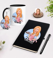 Kişiye Özel Kadın Aşçı Karikatürlü Siyah Defter Kalem Kupa ve Anahtarlık Hediye Seti-4