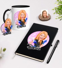 Kişiye Özel Kadın Güzellik Uzmanı Karikatürlü Siyah Defter Kalem Kupa ve Anahtarlık Hediye Seti-2
