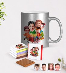 Kişiye Özel Yeni Yıl Aile Karikatürlü Krom Kupa ve Çikolata Hediye Seti-6