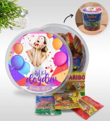 Kişiye Özel İsimli Fotoğraflı Doğum Günü Tasarımlı Dev Boy Haribo Minis Kovası (10gx100adet) Model 4