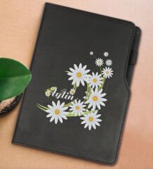 BK Gift Kişiye Özel Papatya Temalı Siyah Termo Deri Not Defteri 15x21cm-1