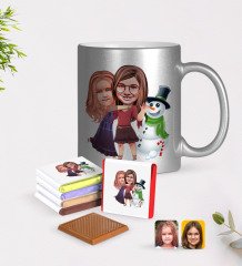 Kişiye Özel Yeni Yıl Kız Kardeşler Karikatürlü Krom Kupa ve Çikolata Hediye Seti-3